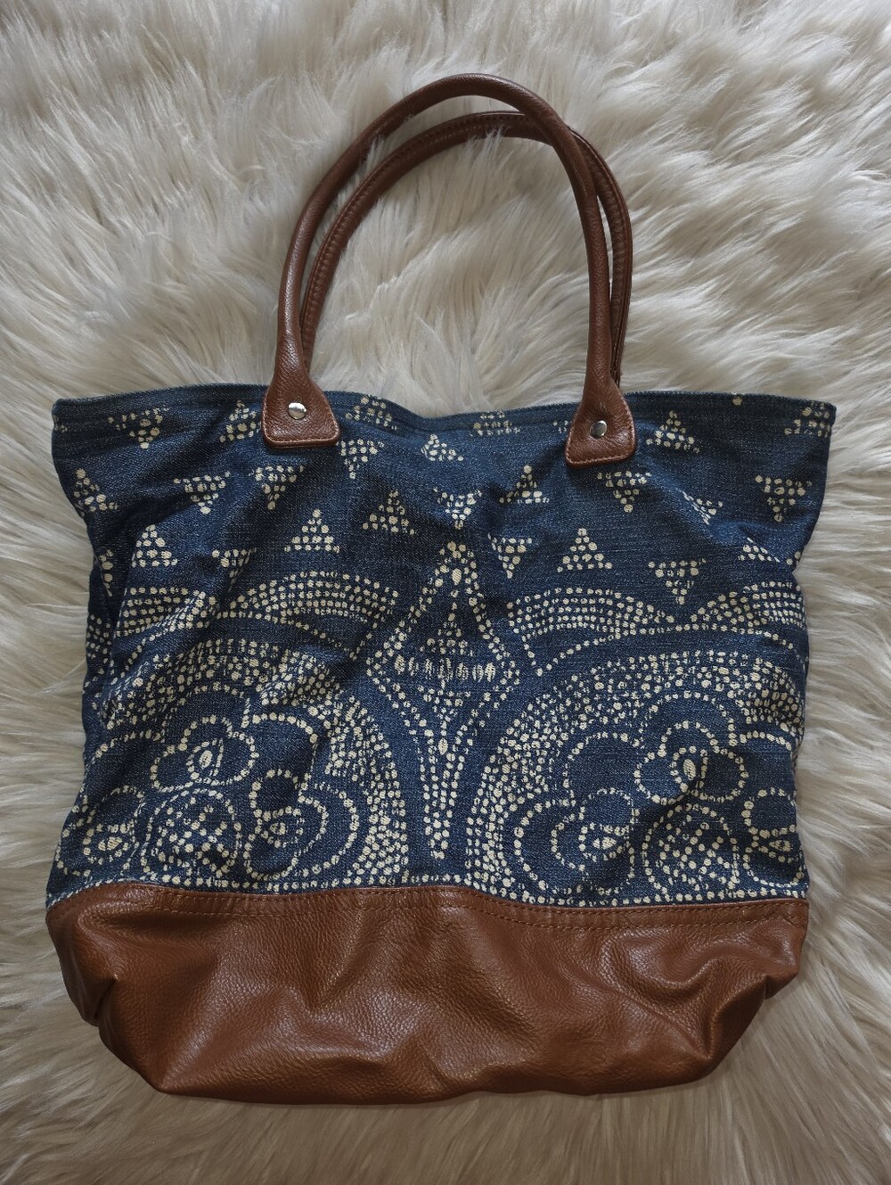 Old Navy Y2K Denim Paisley Tote Bag Brown Faux Leather Shoulder Purse